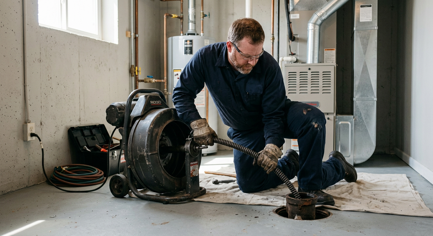 Plumber operating a mechanical rooter machine near a residential sewer cleanout in a basement