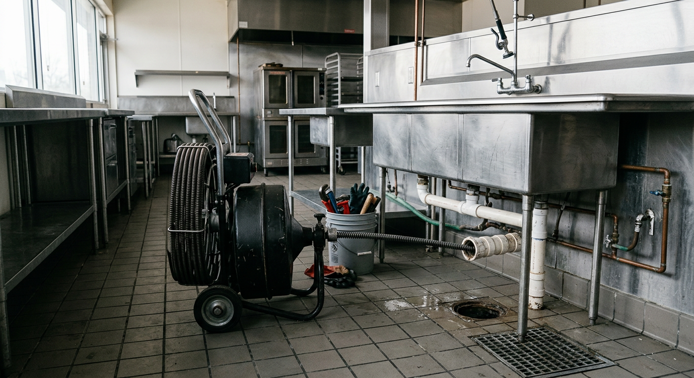 Commercial drain cleaning equipment setup in a commercial kitchen facility in Aurora