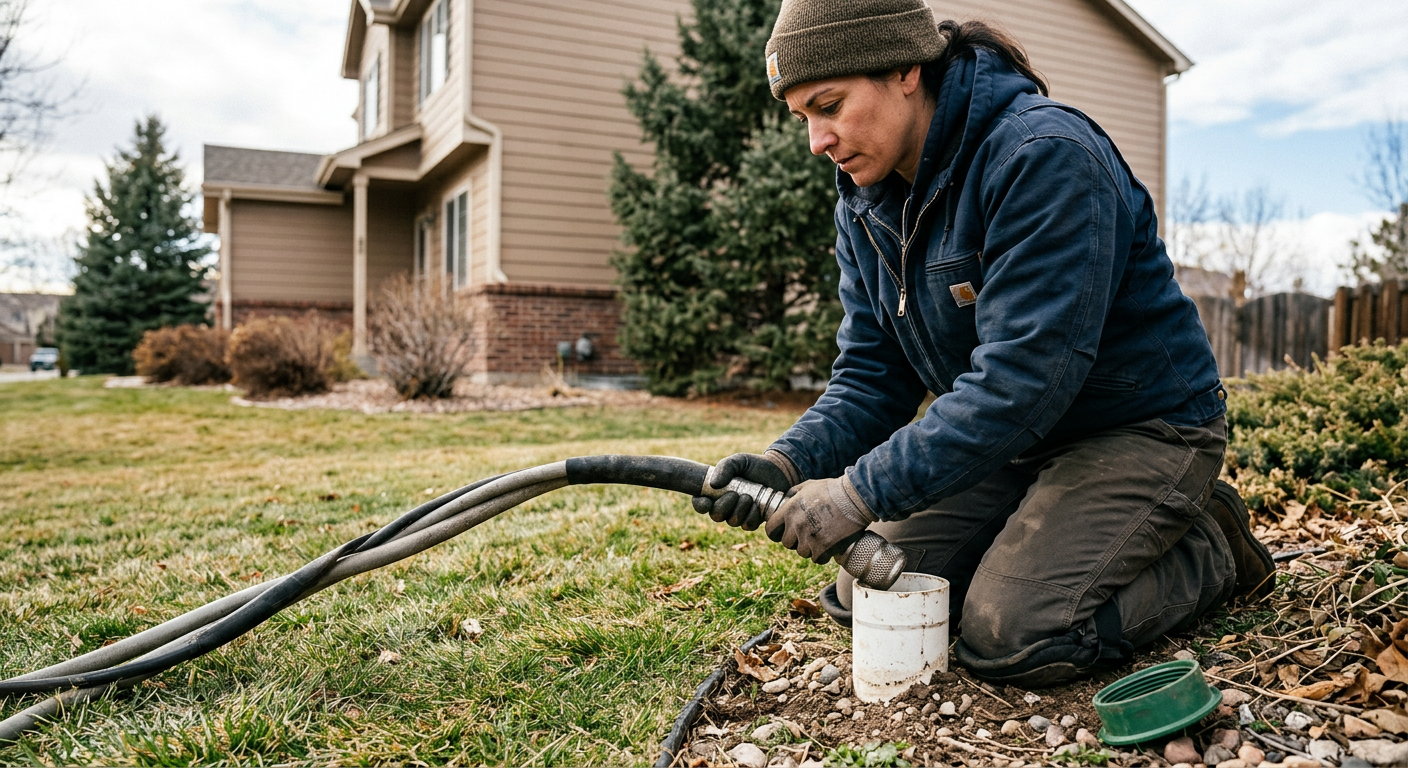 A technician operating a commercial hydro jetting machine next to a residential sewer cleanout.