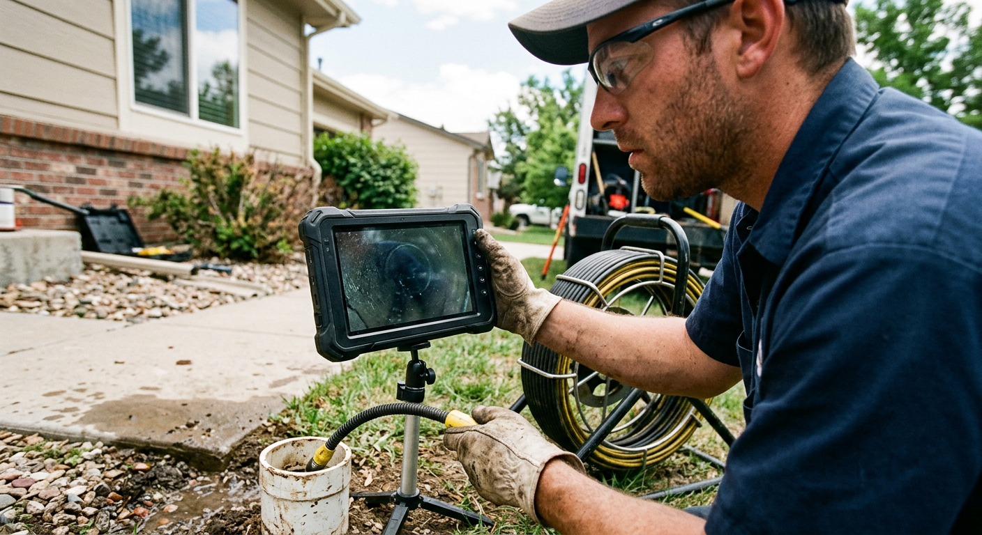 A technician feeding a sewer inspection camera down a pipe cleanout.