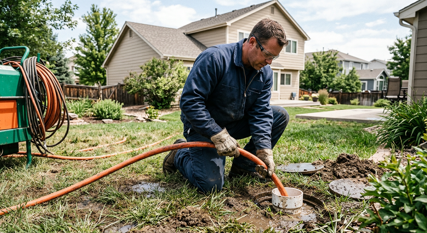 Plumbing technician operating a high-pressure hydro jetter hose at a residential cleanout
