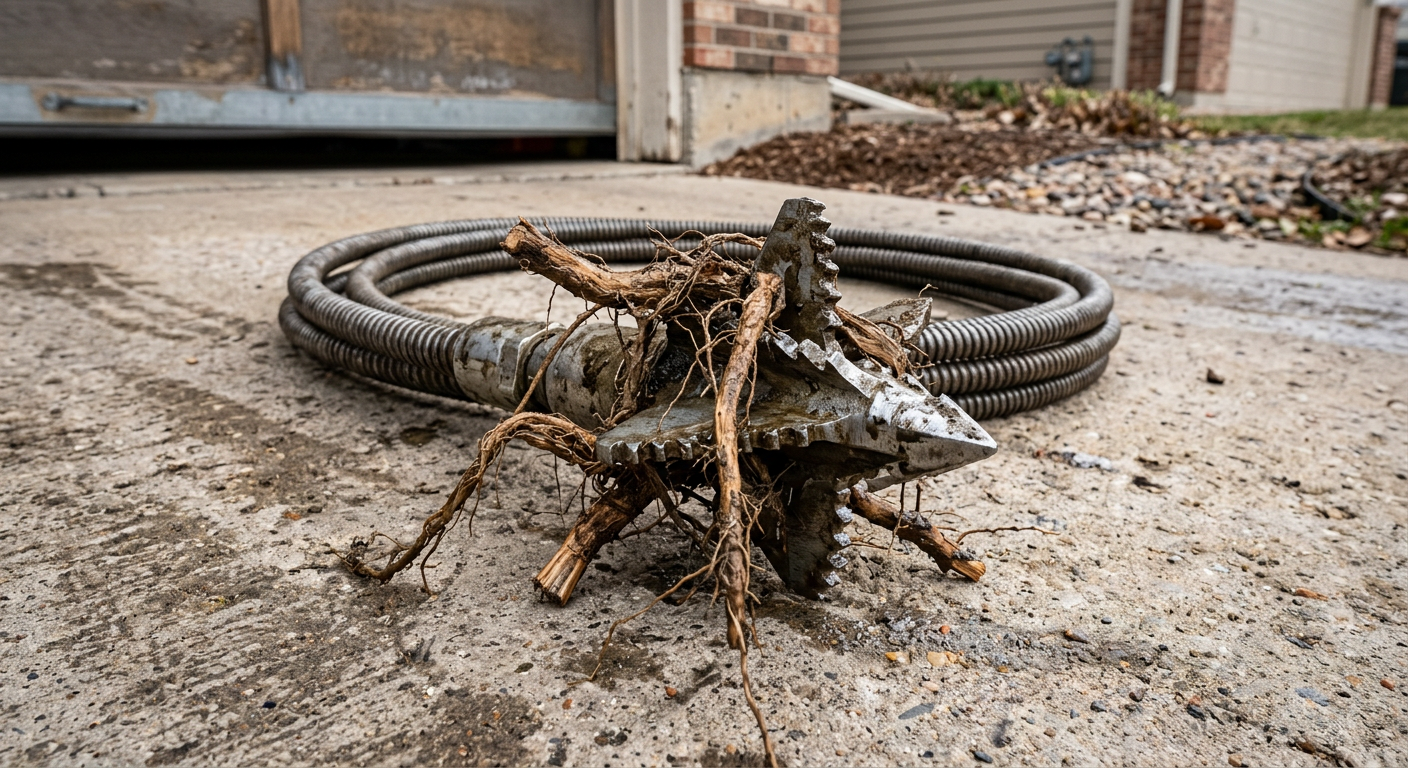 Mechanical drain cleaning snake cable with root-cutting head covered in sheared tree roots