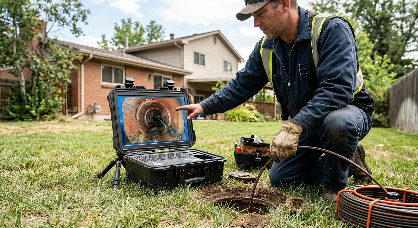 Technician reviewing sewer inspection camera monitor displaying inside of clay pipe