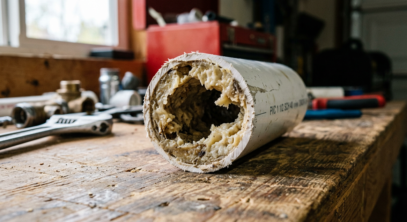 Cross section view of a narrowed kitchen drain pipe showing thick grease buildup along interior walls