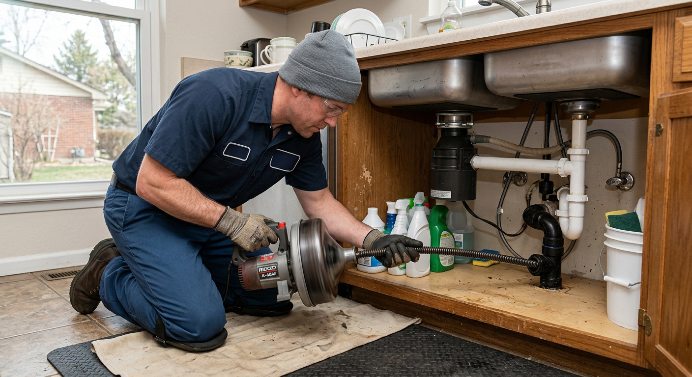 Plumber operating mechanical drain cleaning equipment to clear a kitchen sink branch line