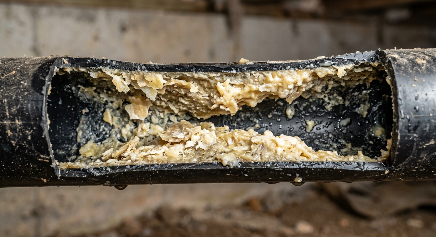 Cross section of a residential drainage pipe partially occluded by thick, congealed yellow-white grease deposits.