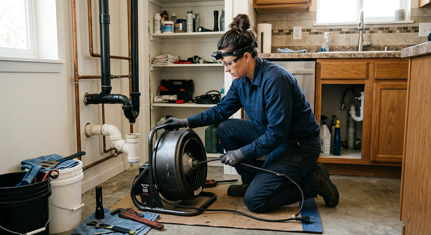 Plumber operating a motorized drain cleaning cable machine to clear a kitchen waste line through an open cleanout.