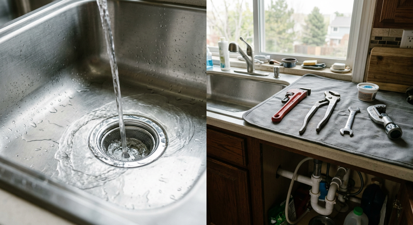 A technician testing drainage flow in a kitchen sink following mechanical drain cleaning.