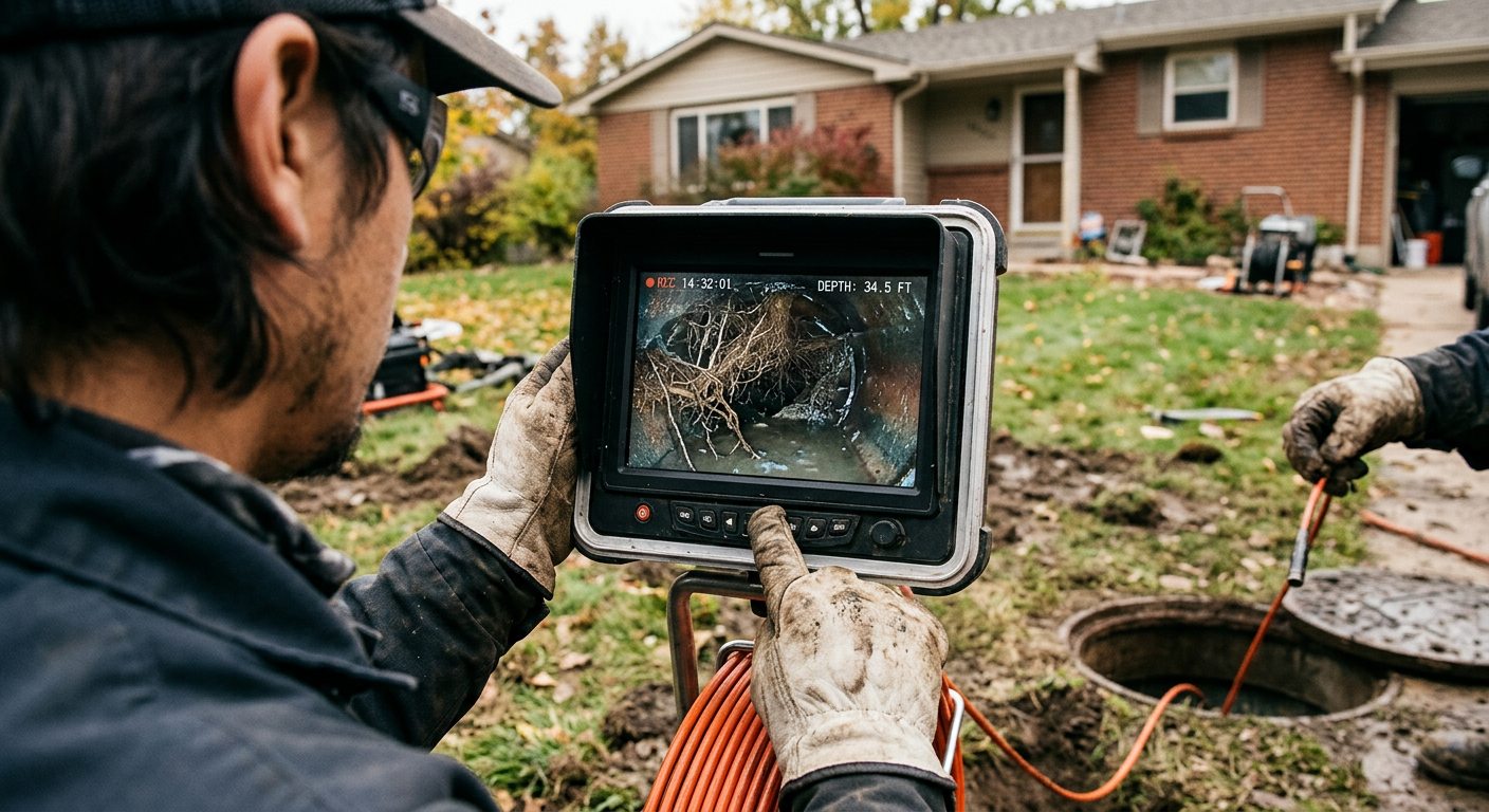 A drainage technician examining an underground camera monitor showing dense fibrous tree root mats obstructing the interior of a sewer lateral pipe.
