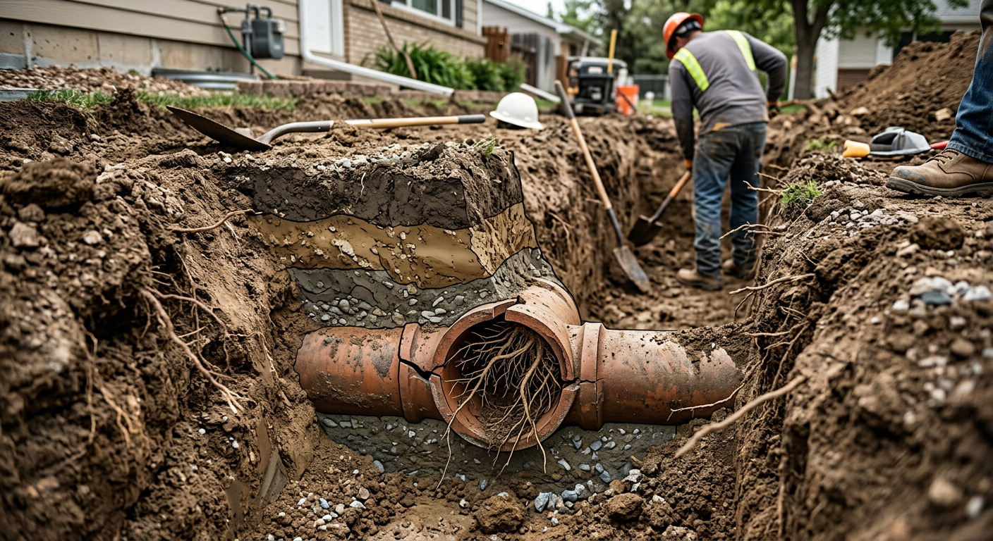 Cross-section diagram illustration showing how shifting expansive clay soil pulls apart sewer pipe joints, allowing nearby tree root systems to penetrate the lateral.