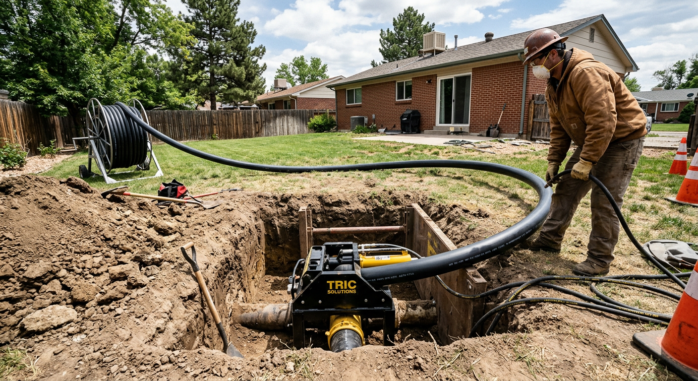 A modern trenchless pipe bursting head pulling seamless HDPE pipe underground through an old deteriorated sewer lateral path.