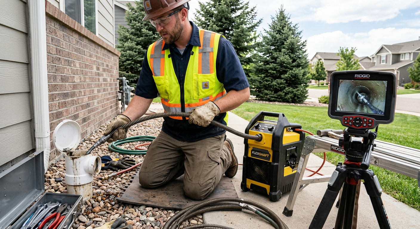 Sewer technician operating a mechanical pipe descaling machine before lining