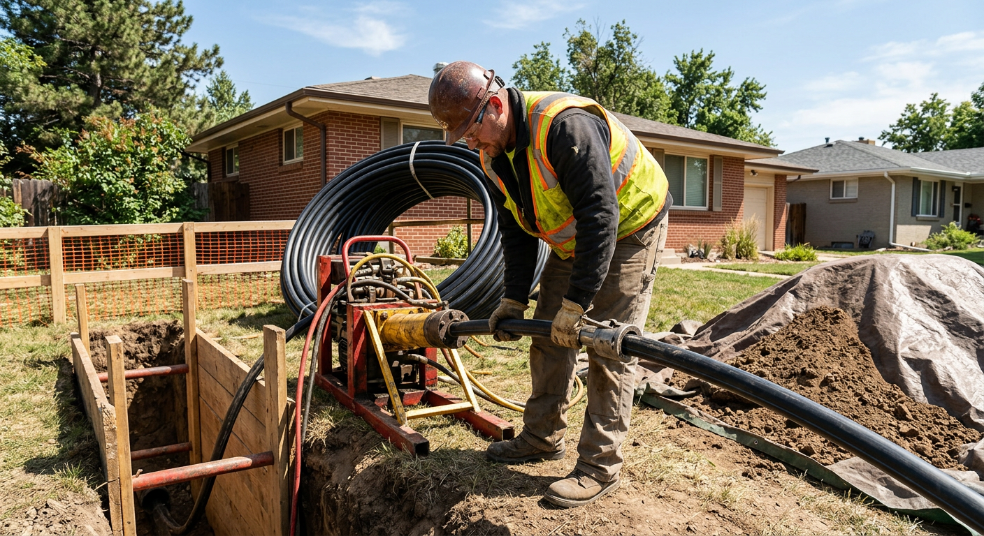 Sewer technician operating a trenchless pipe bursting hydraulic puller machine on a residential property.