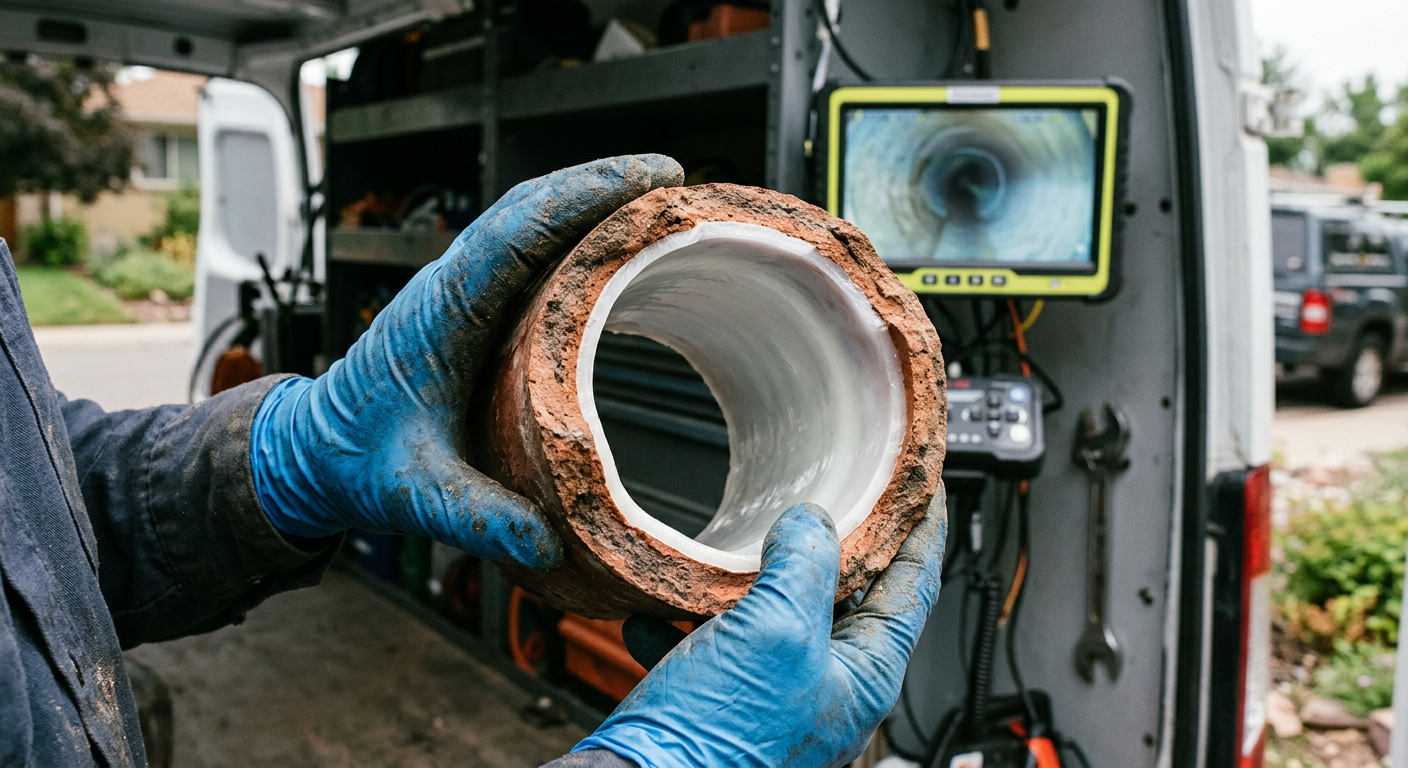 Cross-section comparison of cured-in-place pipe lining inside an old host pipe versus continuous black HDPE pipe.